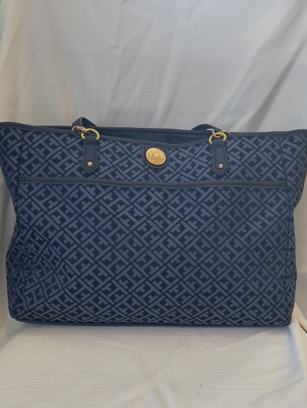 Tommy Hilfiger Navy Patterned Logo Tote with Gold Hardware